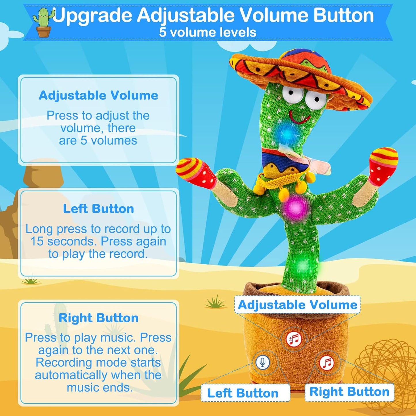 Dancing Talking Cactus Baby Toy, Mimicking Recording Toy Repeats What You Say (Talking Adjust Volume Cactus)