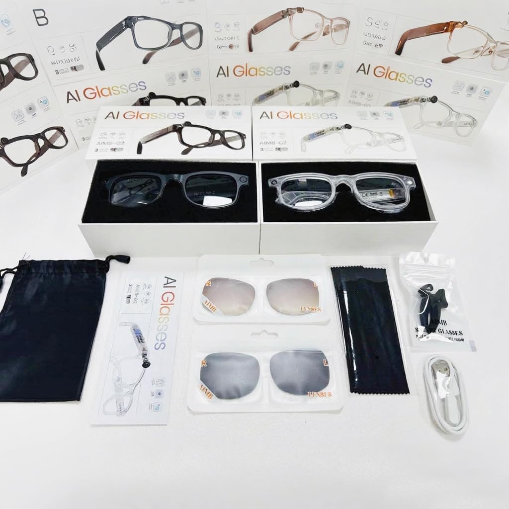 AIMB-G2 AI Smart Glasses, 8 Megapixel Photo, 1200P Anti-Shake, AI Translation and Character Recognition, Multi-Color, Replacement Lens Included