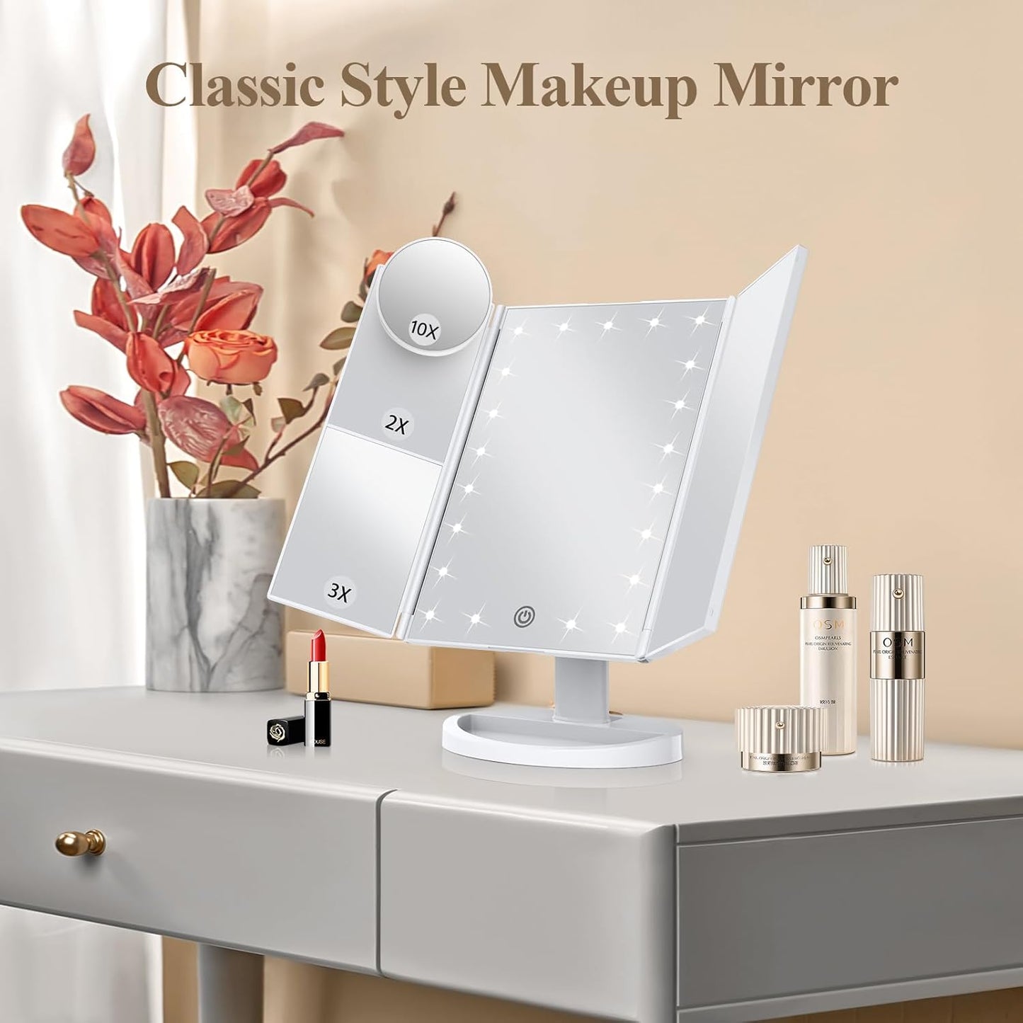 Makeup Mirror with Lights, Lighted Makeup Mirror with 22Pcs LED Lights, 2X 3X Magnifying Makeup Mirror, Dual Power