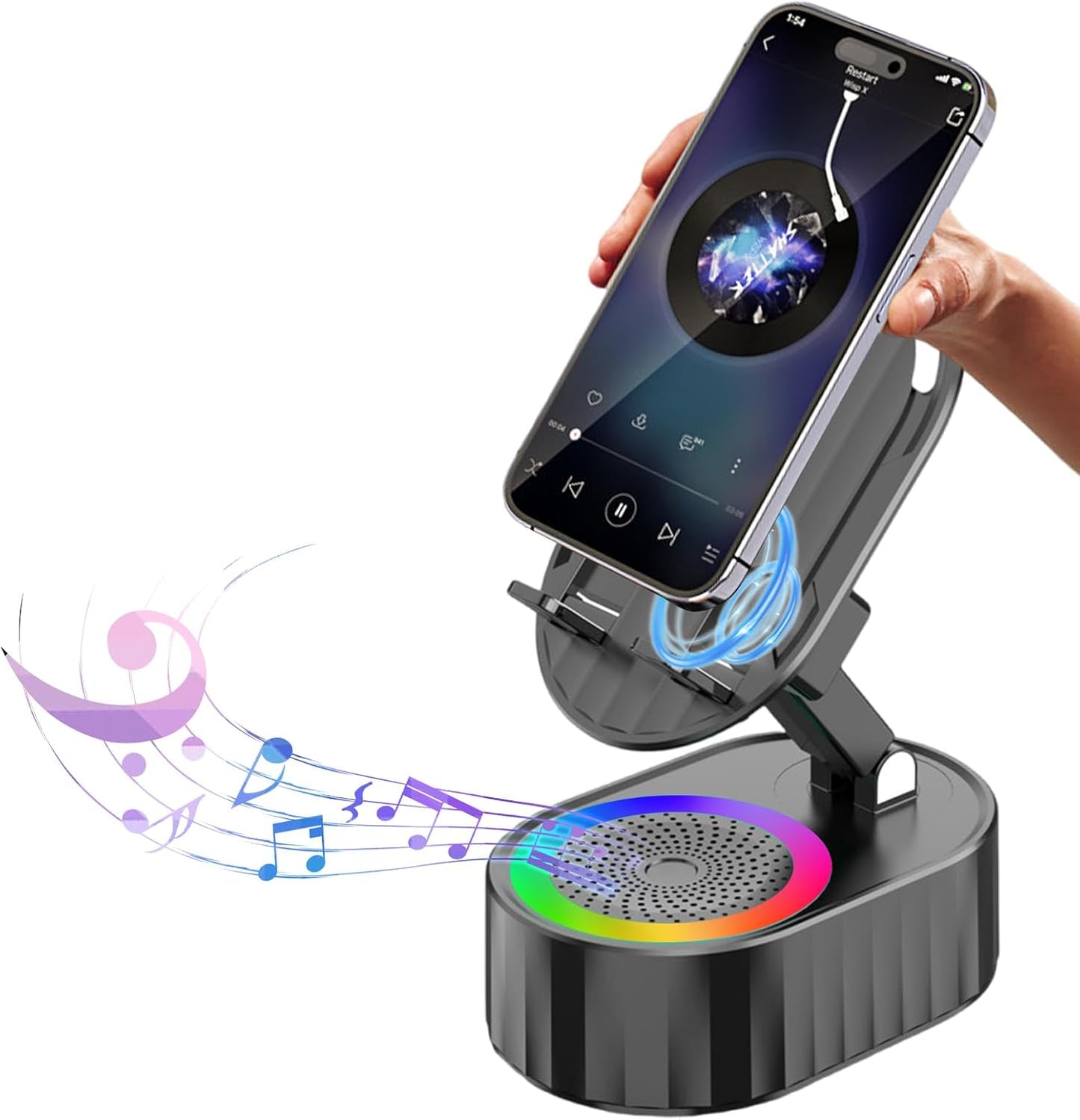 Wireless Induction Audio Bluetooth Speaker 5in1 Phone Holder Emergency Rechargeable (3000mAh) with Colorful Ambient Light 300° Foldable for Tablet iPhone Android, Gifts for Men Women (Black)