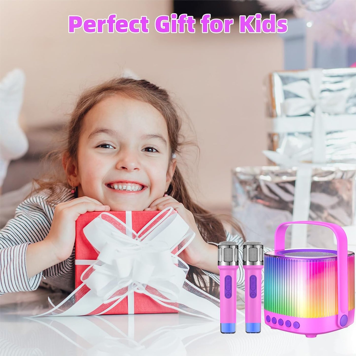 Karaoke Machine for Kids Adults Portable Bluetooth 5.3 Speaker with 2 Wireless Microphones, Five LED Disco Lights Modes, Five Funny Sound Modes, for Girls Boys Home Party-Pink