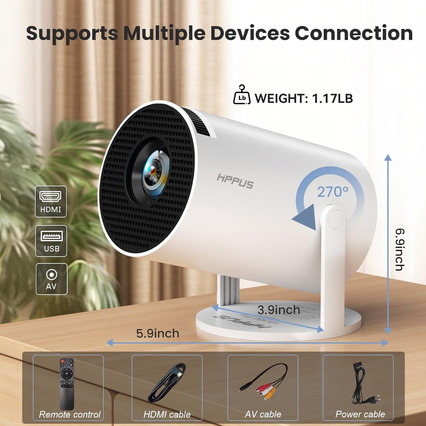 [180°Adjustable Stand] Smart Mini Portable Projector with WiFi and Bluetooth, Auto Keystone Upgraded 350ANSI, Android11.0, Ceiling, Outdoor Use, Compatible with TV Stick Smartphone/HDMI/USB(White）