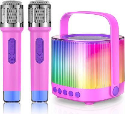 Karaoke Machine for Kids Adults Portable Bluetooth 5.3 Speaker with 2 Wireless Microphones, Five LED Disco Lights Modes, Five Funny Sound Modes, for Girls Boys Home Party-Pink