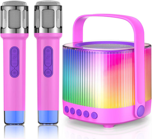 Karaoke Machine for Kids Adults Portable Bluetooth 5.3 Speaker with 2 Wireless Microphones, Five LED Disco Lights Modes, Five Funny Sound Modes, for Girls Boys Home Party-Pink