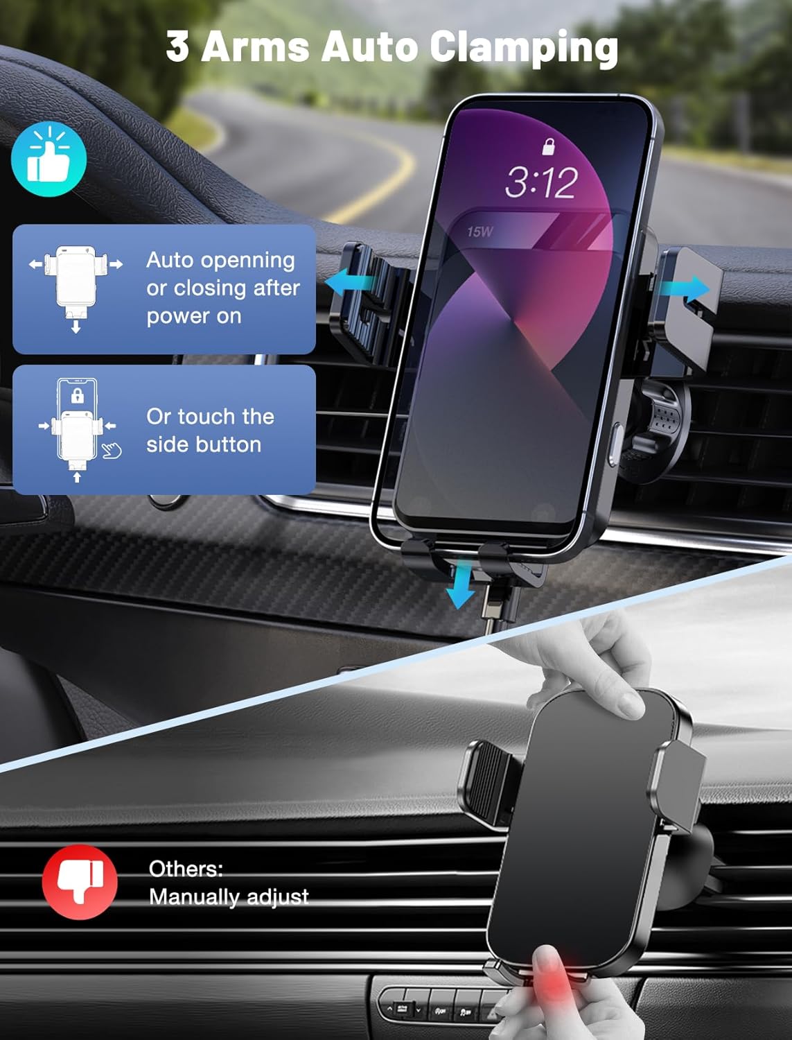 Wireless Car Charger, MOKPR Auto-Clamping Car Mount 15W/10W/7.5W Fast Charging Air Vent Car Phone Mount Compatible with iPhone 15/14/13/13 Pro/12 Pro Max/12 pro/12/11/10 Series, Samsung Galaxy Series