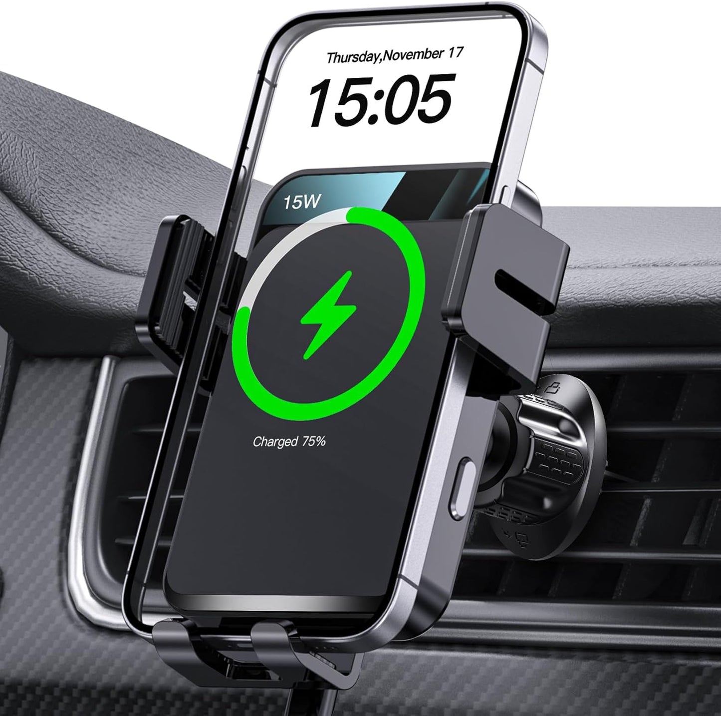 Wireless Car Charger, MOKPR Auto-Clamping Car Mount 15W/10W/7.5W Fast Charging Air Vent Car Phone Mount Compatible with iPhone 15/14/13/13 Pro/12 Pro Max/12 pro/12/11/10 Series, Samsung Galaxy Series