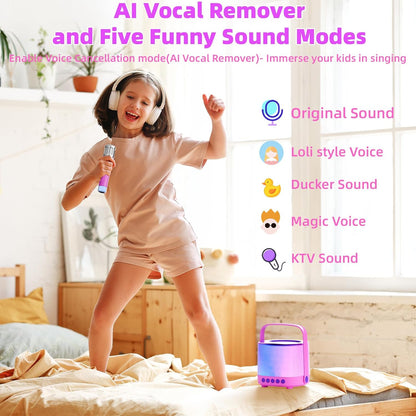 Karaoke Machine for Kids Adults Portable Bluetooth 5.3 Speaker with 2 Wireless Microphones, Five LED Disco Lights Modes, Five Funny Sound Modes, for Girls Boys Home Party-Pink