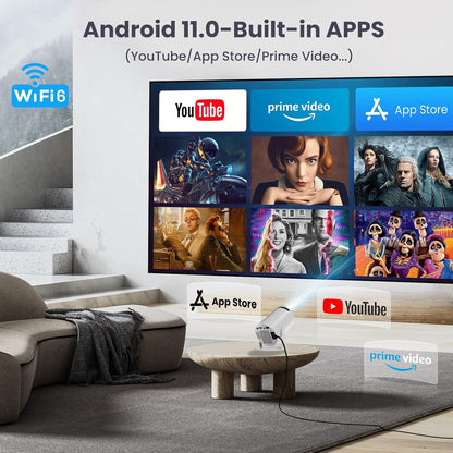 [180°Adjustable Stand] Smart Mini Portable Projector with WiFi and Bluetooth, Auto Keystone Upgraded 350ANSI, Android11.0, Ceiling, Outdoor Use, Compatible with TV Stick Smartphone/HDMI/USB(White）