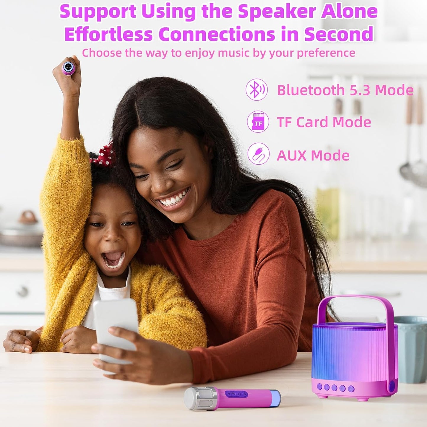 Karaoke Machine for Kids Adults Portable Bluetooth 5.3 Speaker with 2 Wireless Microphones, Five LED Disco Lights Modes, Five Funny Sound Modes, for Girls Boys Home Party-Pink